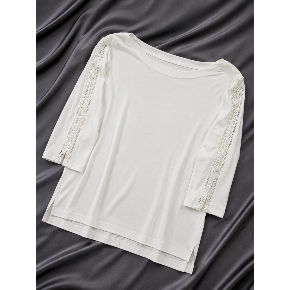 Appleseed's Lace Trim Knit Top Size XL Ivory 3/4 Sleeve Scoop Neck Side Slits